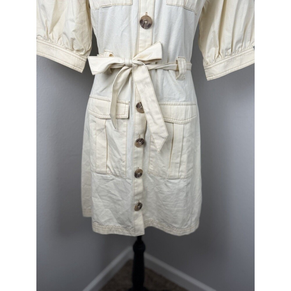 MINKPINK Cream Utility Shirt Dress Puff Sleeve Button Front Belted Dress Medium - Picture 4 of 16